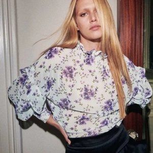 Zara purple floral sheer peplum puff sleeve top